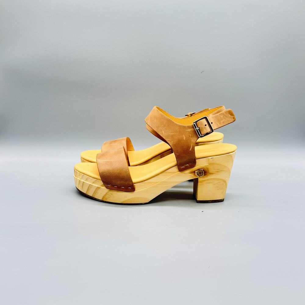 Nisolo Sandals Womens 8 Brown Leather Slingback Wooden Platform Block Heel Shoes - Picture 4 of 11